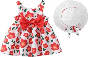 Baby Girl Tutu Dress Summer Sleeveless Backless Princess Birthday Party Dresses Flower Bow Sundress with Straw Hat Set