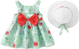 Baby Girl Tutu Dress Summer Sleeveless Backless Princess Birthday Party Dresses Flower Bow Sundress with Straw Hat Set