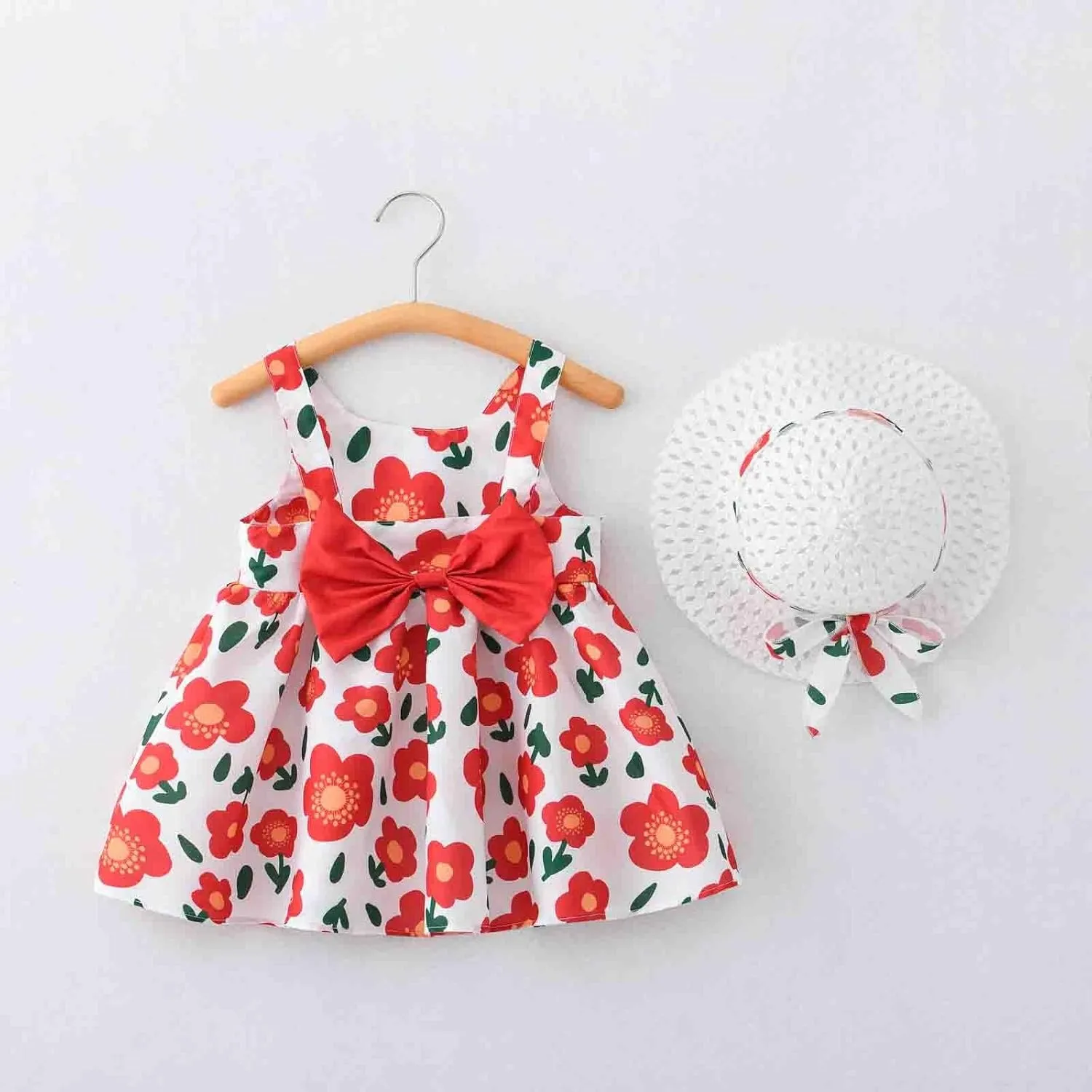 Baby Girl Tutu Dress Summer Sleeveless Backless Princess Birthday Party Dresses Flower Bow Sundress with Straw Hat Set