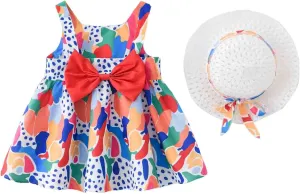Baby Girl Tutu Dress Summer Sleeveless Backless Princess Birthday Party Dresses Flower Bow Sundress with Straw Hat Set