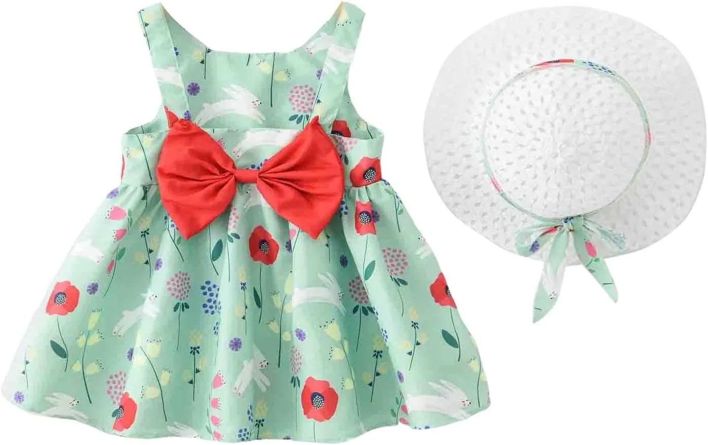 Baby Girl Tutu Dress Summer Sleeveless Backless Princess Birthday Party Dresses Flower Bow Sundress with Straw Hat Set
