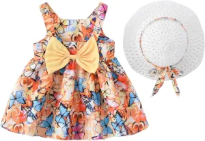 Baby Girl Tutu Dress Summer Sleeveless Backless Princess Birthday Party Dresses Flower Bow Sundress with Straw Hat Set