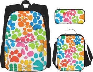 Bear Paw Print Travel Backpack For Women 3-Piece Set With Insulated Lunch Box,For Outdoor Travel