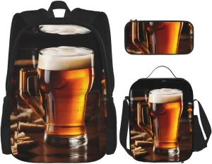 Beer Print Travel Backpack For Women 3-Piece Set With Insulated Lunch Box,For Outdoor Travel