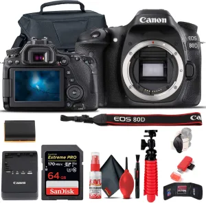 Canon EOS 80D DSLR Camera (Body Only) (1263C004)   64GB Memory Card   Case   Card Reader   Flex Tripod   Hand Strap   Cap Keeper   Memory Wallet   Cleaning Kit (Renewed)