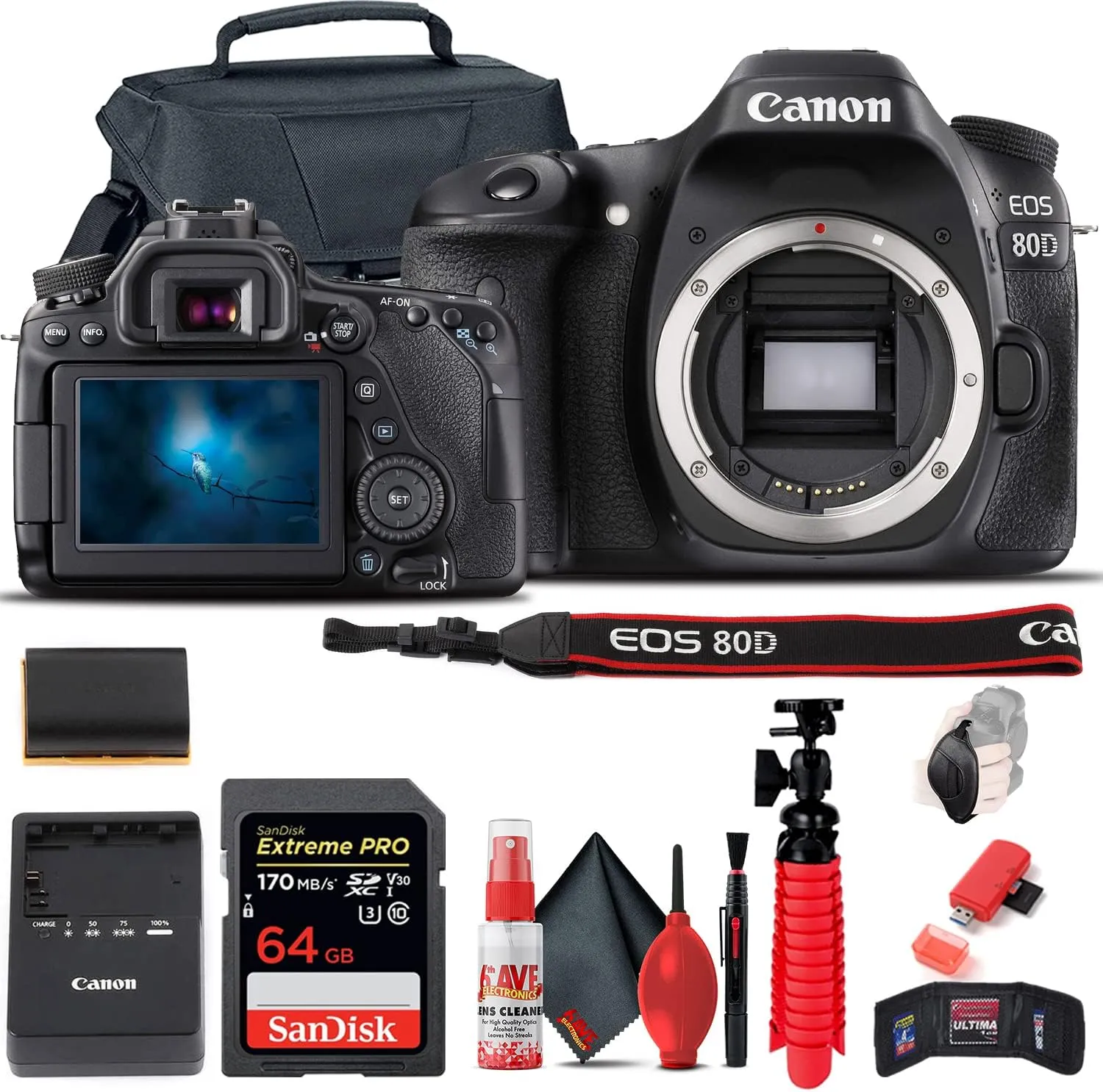Canon EOS 80D DSLR Camera (Body Only) (1263C004)   64GB Memory Card   Case   Card Reader   Flex Tripod   Hand Strap   Cap Keeper   Memory Wallet   Cleaning Kit (Renewed)