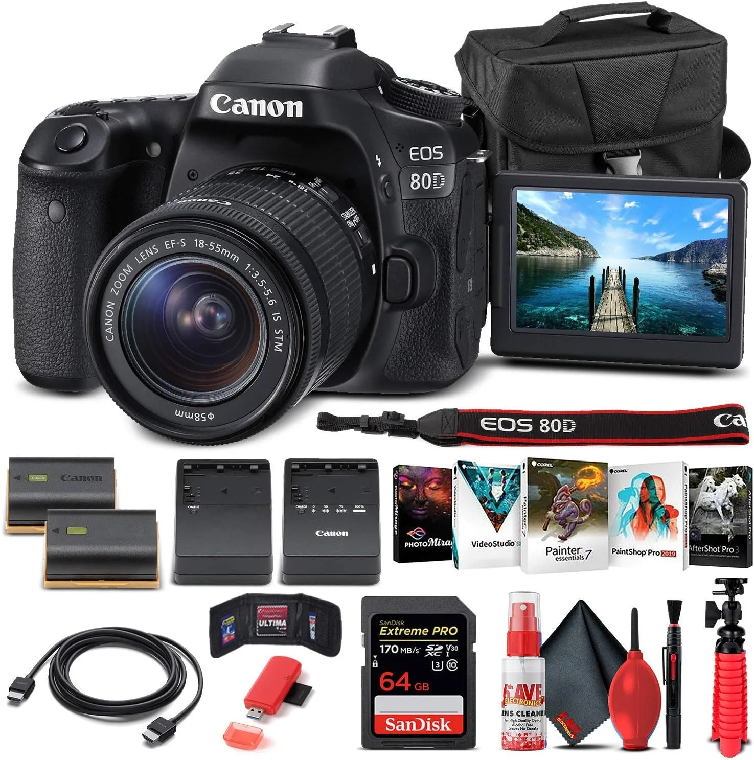 Canon EOS 80D DSLR Camera with 18-55mm Lens (1263C005)   64GB Memory Card   Case   Corel Photo Software   LPE6 Battery   External Charger   Card Reader   HDMI Cable   Cleaning Set   More (Renewed)
