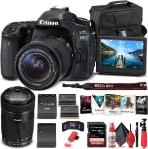 Canon EOS 80D DSLR Camera with 18-55mm Lens (1263C005)   EF-S 55-250mm Lens   64GB Memory Card   Case   Corel Photo Software   LPE6 Battery   External Charger   Card Reader   More (Renewed)