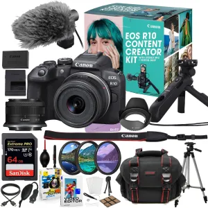 Canon EOS R10 Mirrorless Camera with 18-45mm Lens Content Vlogging Kit with DM-E100 Microphone & HG-100TBR Tripod Grip   64GB Extreme Accessory Bundle (35 Items) (Renewed)
