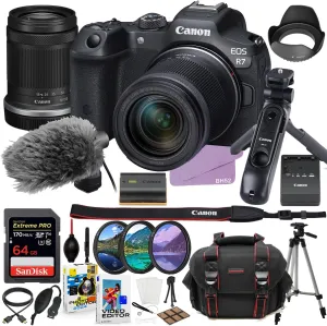 Canon EOS R7 Mirrorless Camera with 18-150mm Lens Content Vlogging Kit with DM-E100 Microphone & HG-100TBR Tripod Grip   64GB Extreme Accessory Bundle (37 Items) (Renewed)
