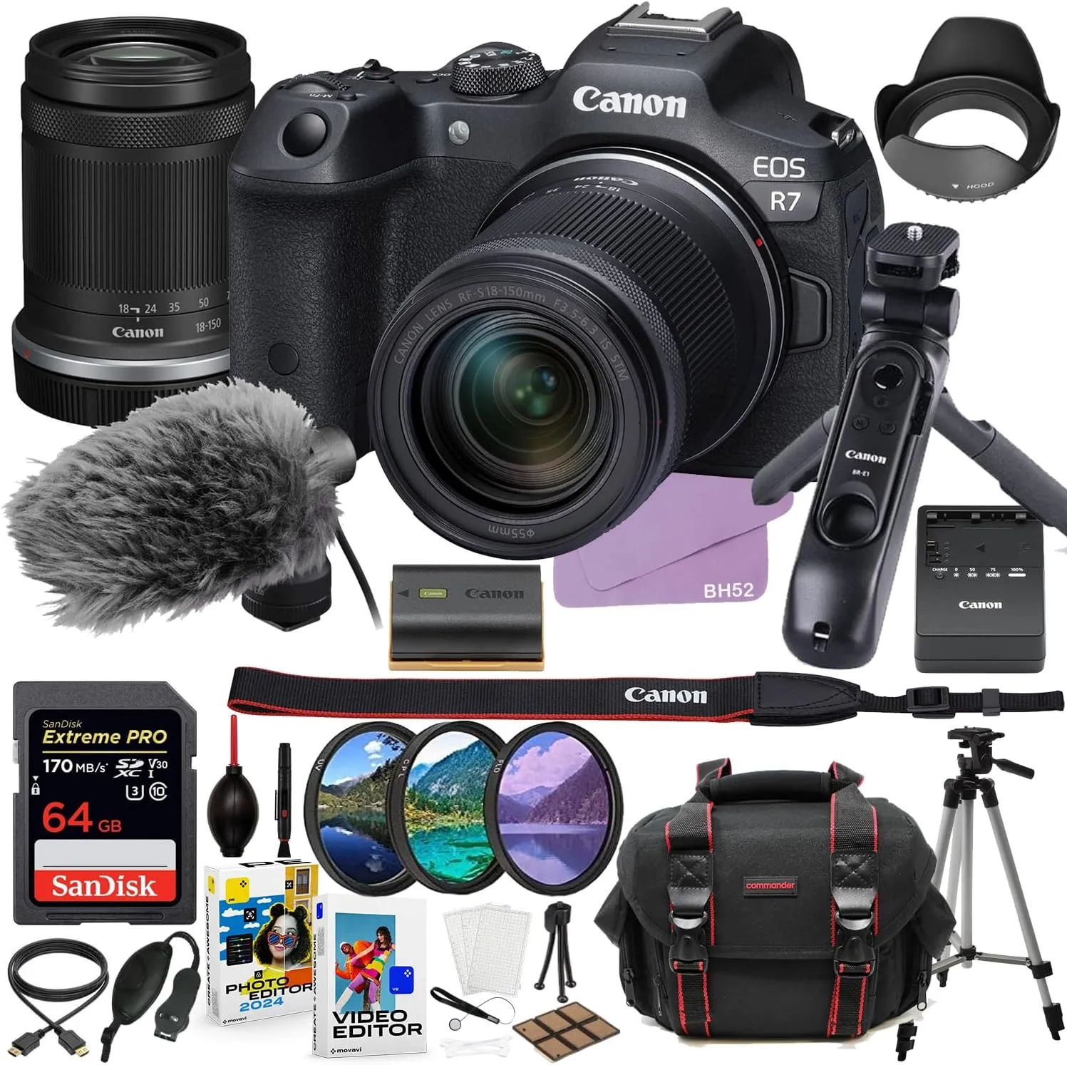 Canon EOS R7 Mirrorless Camera with 18-150mm Lens Content Vlogging Kit with DM-E100 Microphone & HG-100TBR Tripod Grip   64GB Extreme Accessory Bundle (37 Items) (Renewed)