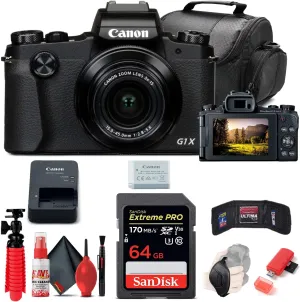 Canon PowerShot G1 X Mark III Digital Camera (2208C001), 64GB Memory Card, Card Reader, Deluxe Soft Bag, Flex Tripod, Hand Strap, Memory Wallet, Cleaning Kit (Renewed)
