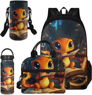 Cartoon Dragon Backpack for Girls 4-6 Cool 4 Pieces Kids Bookbag with Water Bottle Sleeve Travel 6 Th Grade Backpack for Girls Outdoor Travel Daypack Hiking Camping