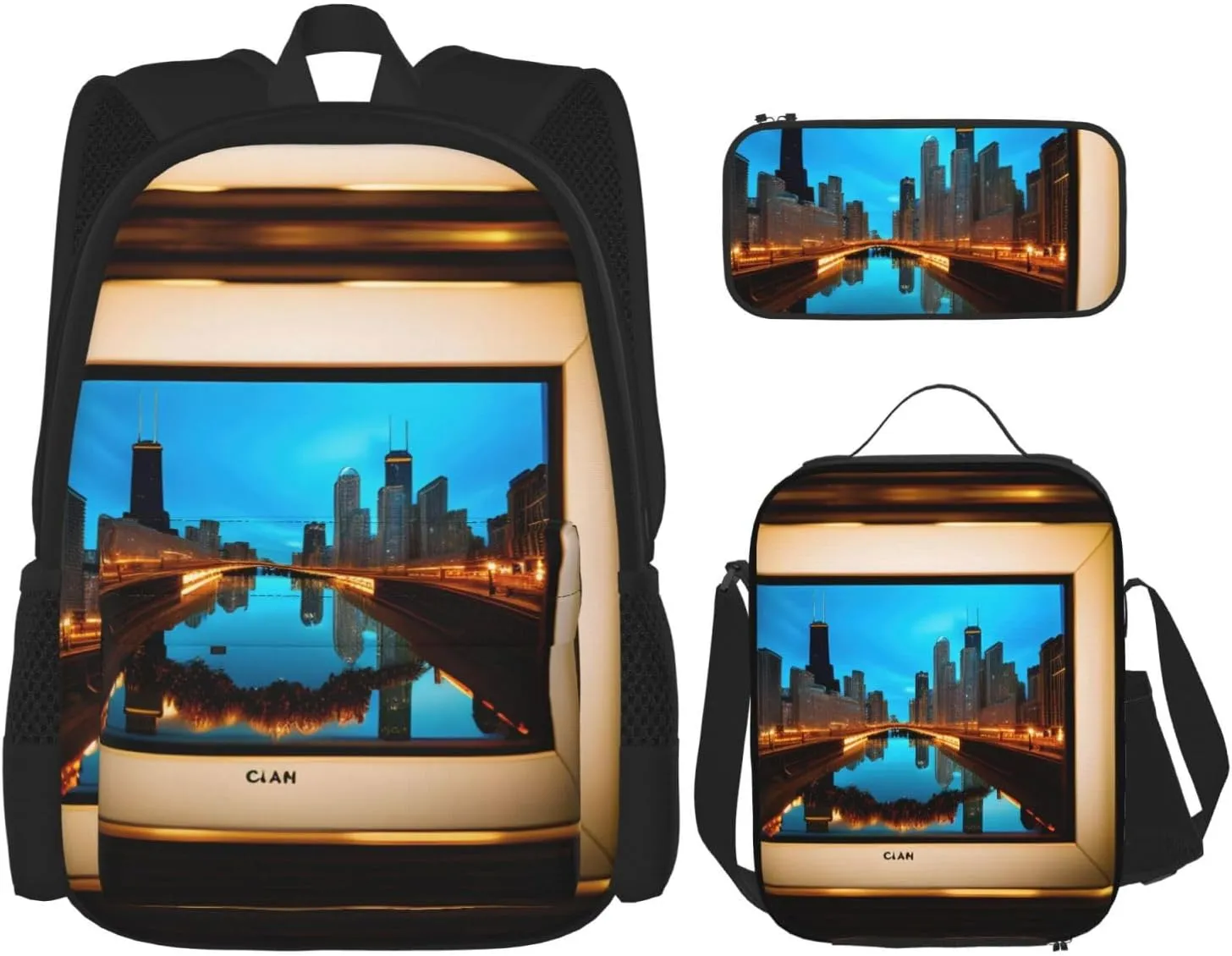 Chicago Reflected Print Travel Backpack For Women 3-Piece Set With Insulated Lunch Box,For Outdoor Travel