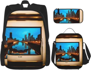 Chicago Reflected Print Travel Backpack For Women 3-Piece Set With Insulated Lunch Box,For Outdoor Travel