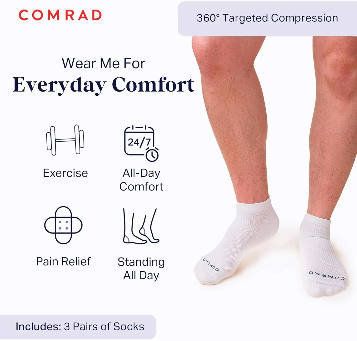 Comrad 3-Pack Nylon Ankle Compression Socks with Targeted Arch Compression