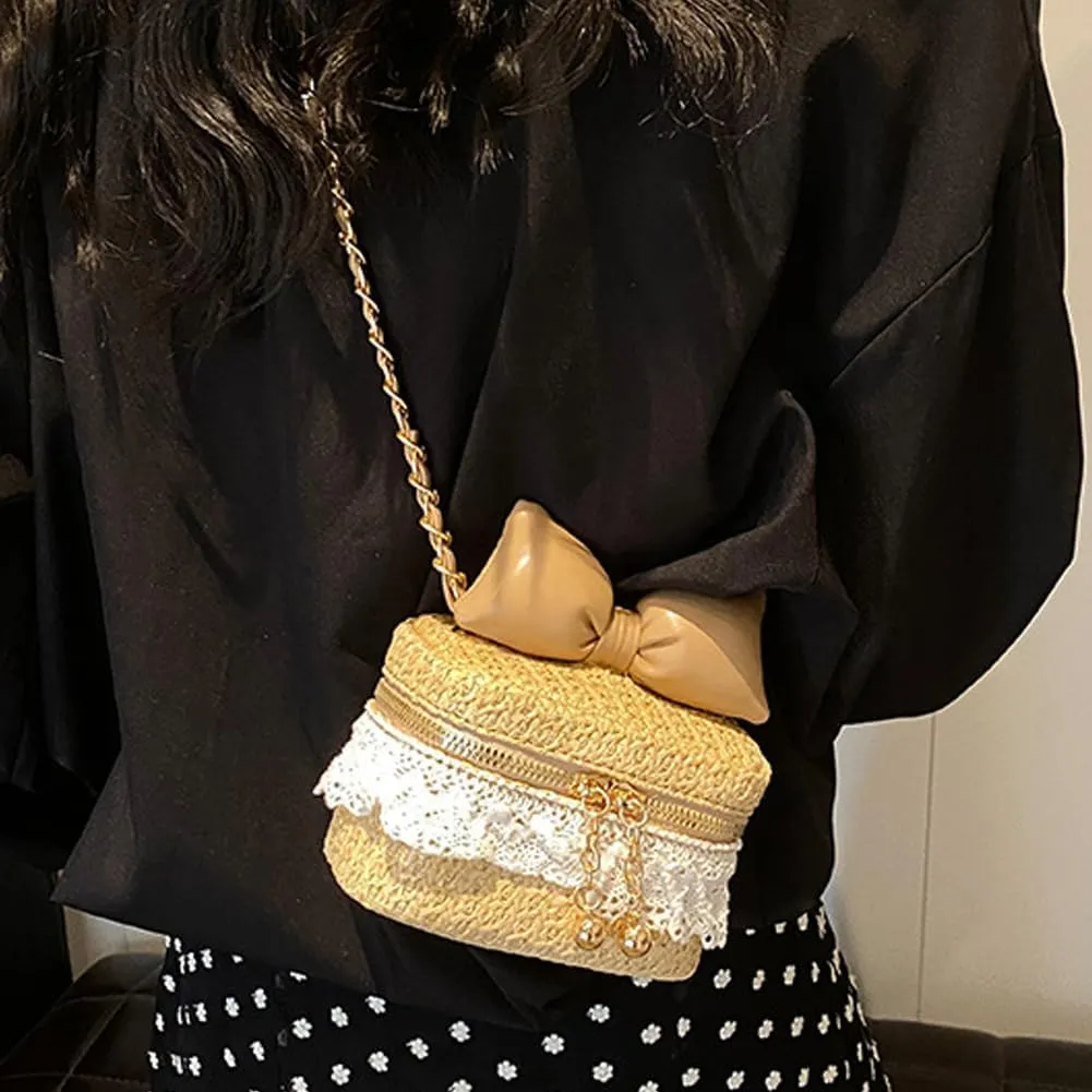 Crossbody Bags for Women Small Straw Woven Bucket Bag Fashion Bow Satchel Handbag Purses 2025
