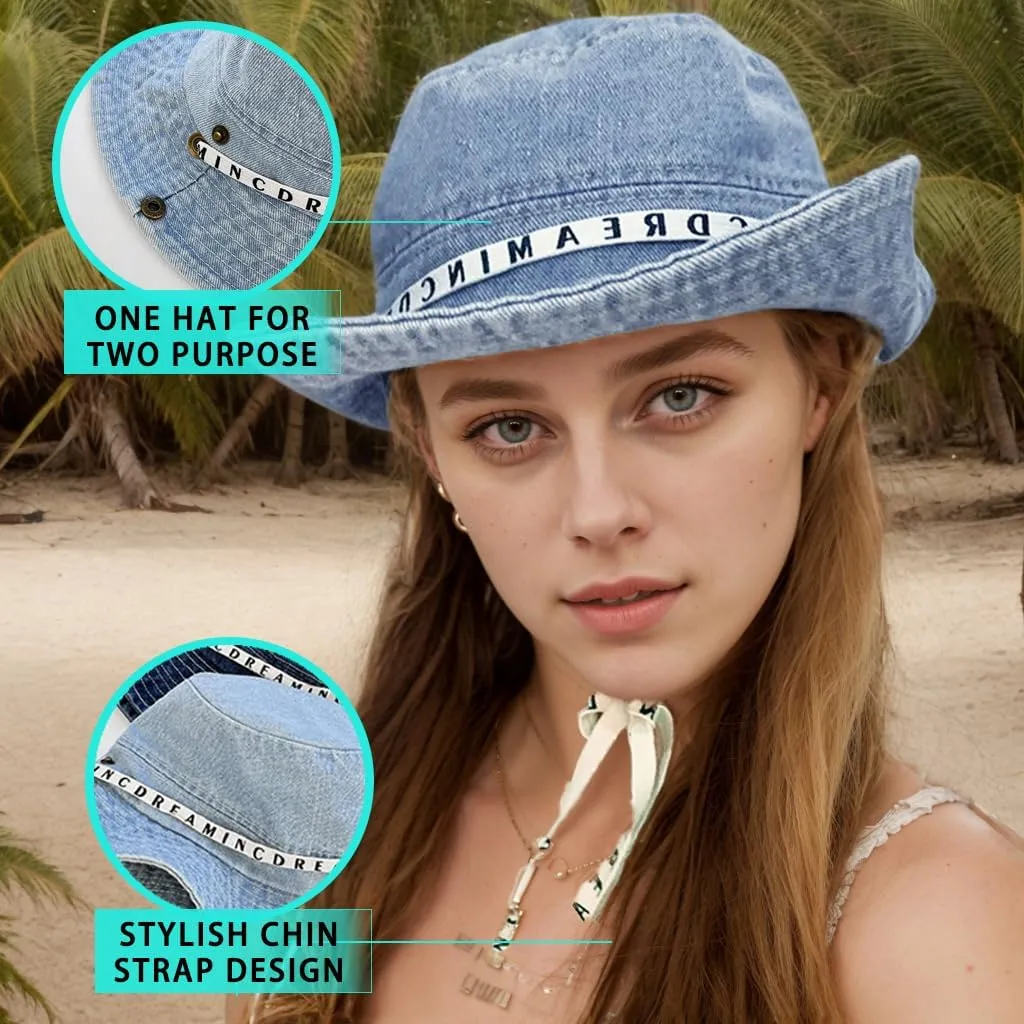 Denim Bucket Hat for Women Men Packable Jeans Summer Beach Hat for Fishing Hiking Casual