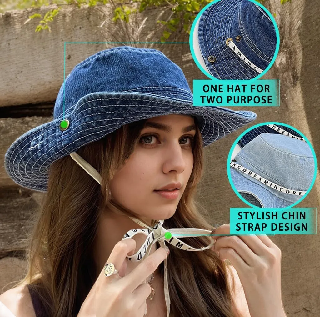 Denim Bucket Hat for Women Men Packable Jeans Summer Beach Hat for Fishing Hiking Casual