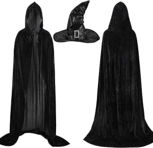 Enhon Halloween Hooded Cloak and Witches Hat Cosplay Costume Set, Black Velvet Cape and Wizard Hat for Women Halloween (Faux Leather)