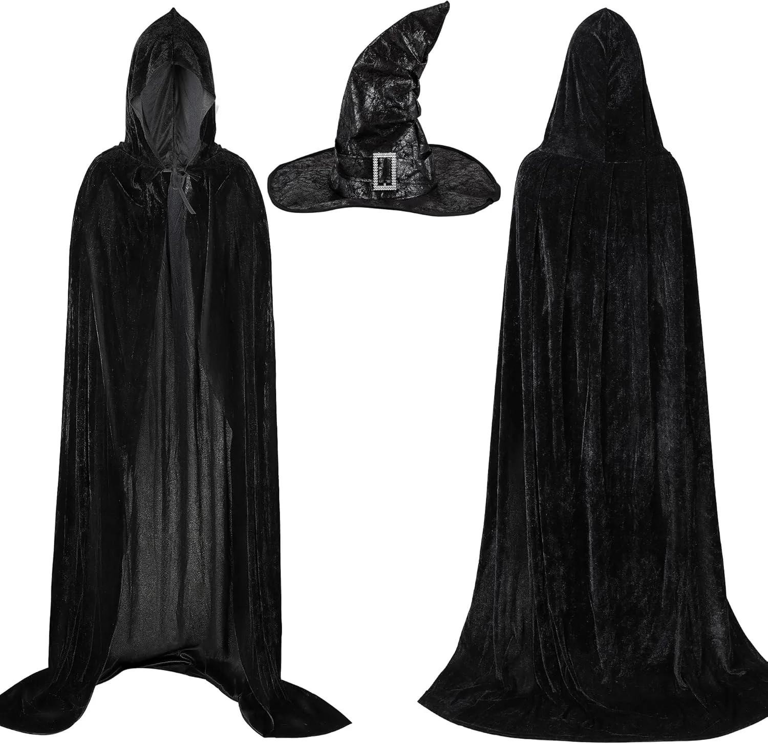 Enhon Halloween Hooded Cloak and Witches Hat Cosplay Costume Set, Black Velvet Cape and Wizard Hat for Women Halloween (Faux Leather)