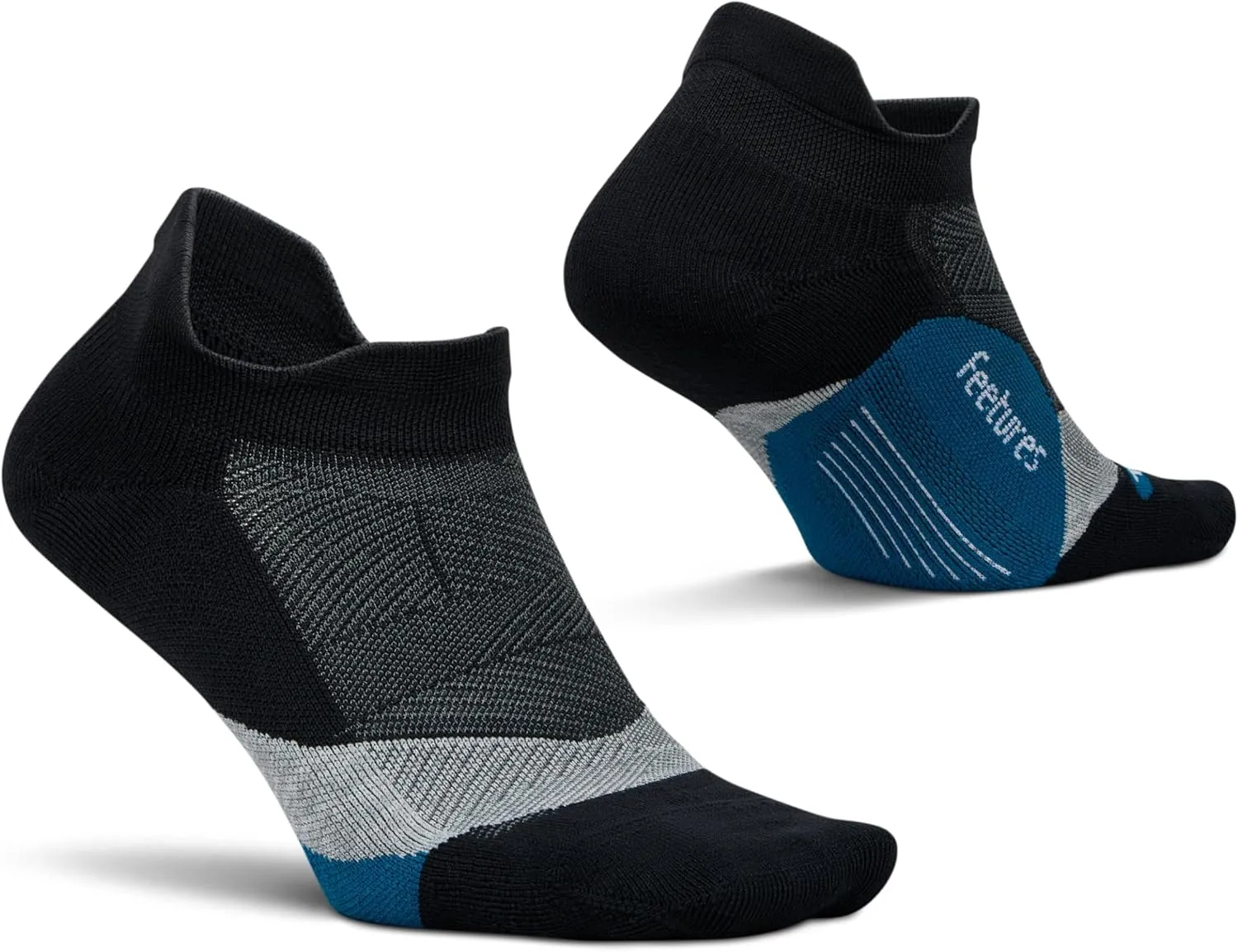 Feetures Elite Light Cushion No Show Tab Ankle Socks - Sport Sock with Targeted Compression - Black Sea, L (1 Pair)