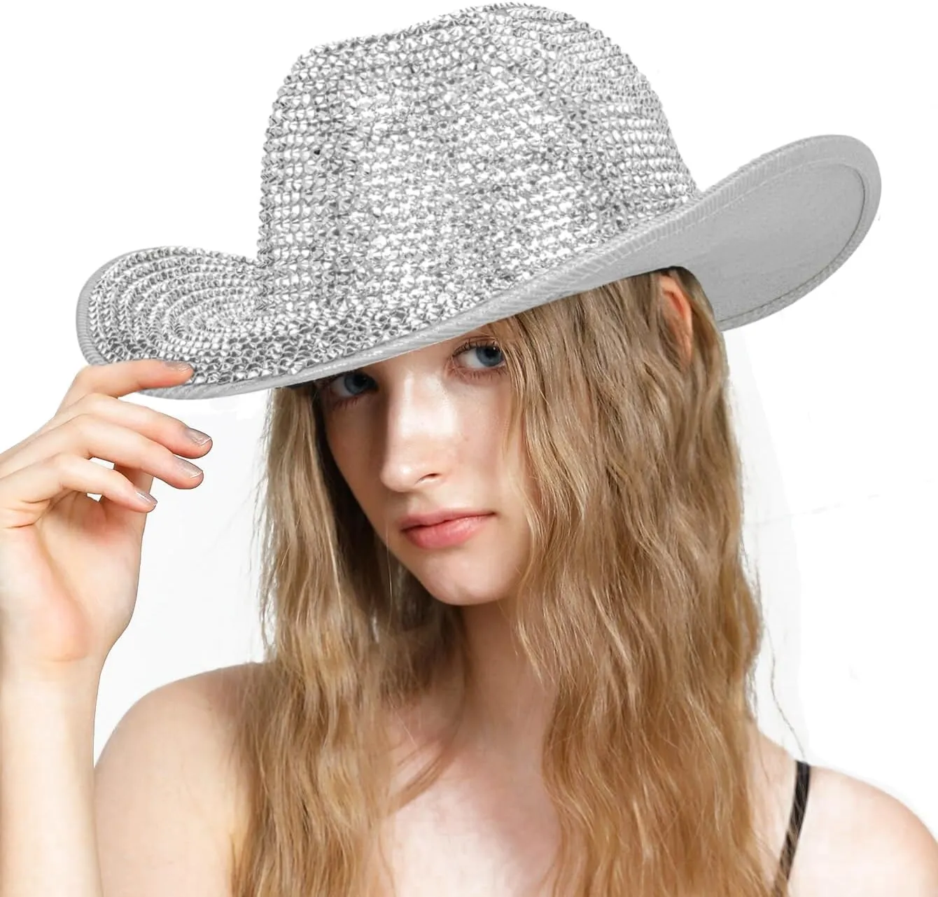 FGSS Silver-Space Holographic-Cowgirl-Hat - Western-Cowboy-Hat for Beach-Party Music-Festival-Dress-Up (M)