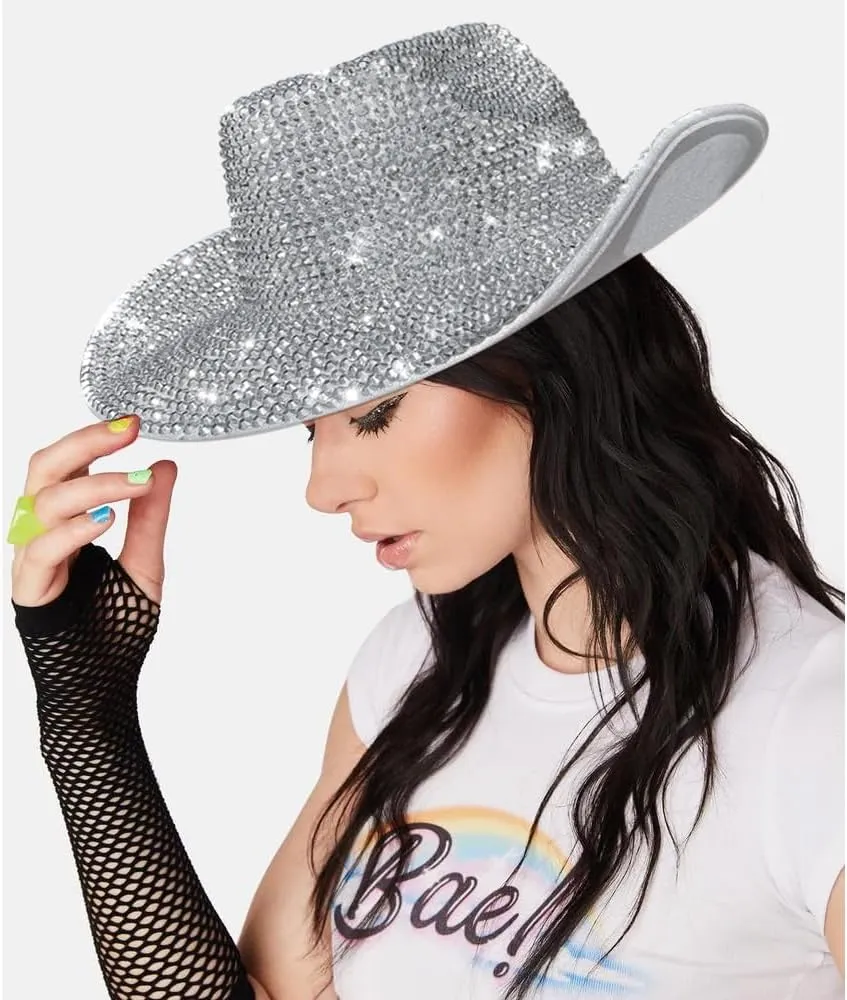 FGSS Silver-Space Holographic-Cowgirl-Hat - Western-Cowboy-Hat for Beach-Party Music-Festival-Dress-Up (M)