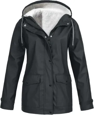 Fleece Lined Rain Jacket Women Plus Size Hoodie Raincoat Waterproof Coats Zip Mountain Windbreaker Outdoor Outerwear
