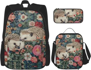 Floral Hedgehogs Print Travel Backpack For Women 3-Piece Set With Insulated Lunch Box,For Outdoor Travel