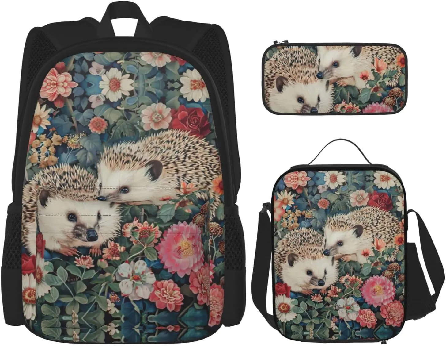 Floral Hedgehogs Print Travel Backpack For Women 3-Piece Set With Insulated Lunch Box,For Outdoor Travel
