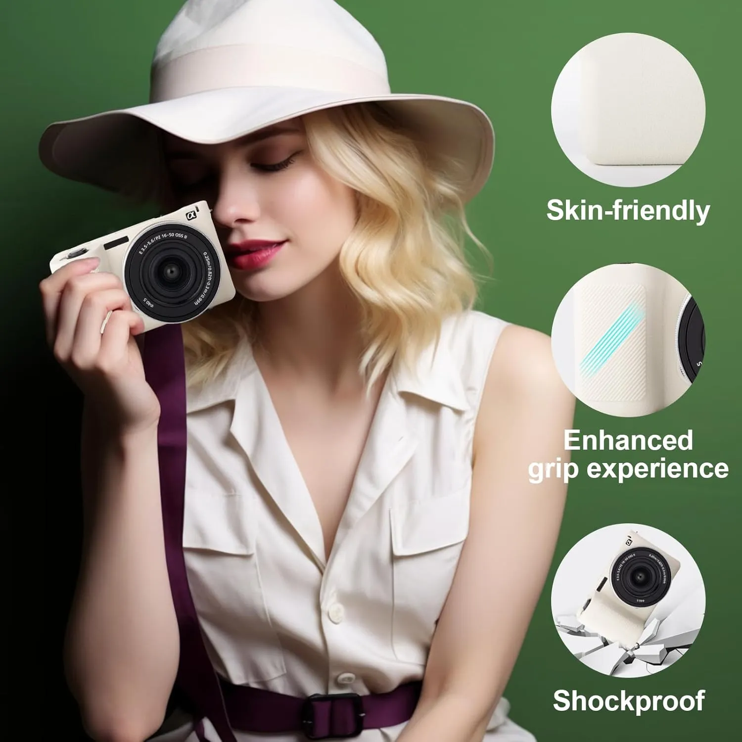 for Sony ZVE10II Camera Case,?Silicone Case*1 Screen Protector*2 Hot Shoe Cover*1? Alpha ZVE10 II Silicone Camera Cover ZV-E10II Accessories Protective Case Tempered Glass 9H-Texture White