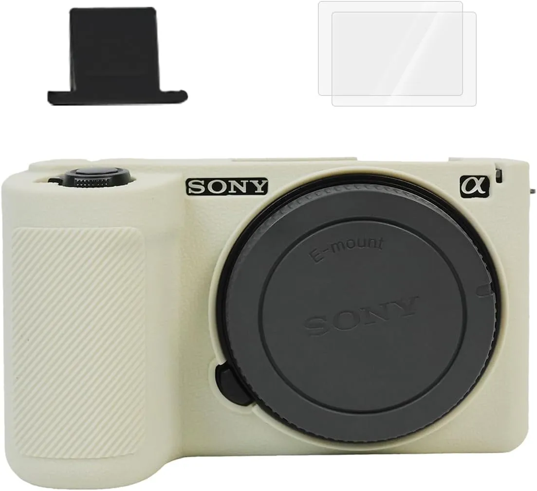 for Sony ZVE10II Camera Case,?Silicone Case*1 Screen Protector*2 Hot Shoe Cover*1? Alpha ZVE10 II Silicone Camera Cover ZV-E10II Accessories Protective Case Tempered Glass 9H-Texture White