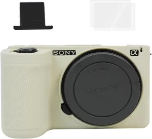 for Sony ZVE10II Camera Case,?Silicone Case*1 Screen Protector*2 Hot Shoe Cover*1? Alpha ZVE10 II Silicone Camera Cover ZV-E10II Accessories Protective Case Tempered Glass 9H-Texture White