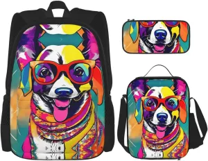 Funny Dog Print Travel Backpack For Women 3-Piece Set With Insulated Lunch Box,For Outdoor Travel