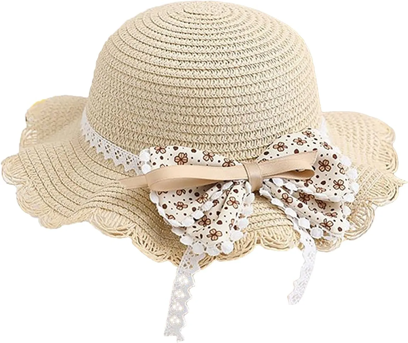 Girls Sweet Lace Bowknot Summer Sunblock Straw Hat with Crossbody Bag Wide Brim Outdoor Beach Sun Protection Bucket Hat