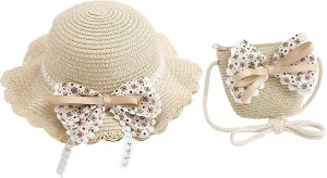 Girls Sweet Lace Bowknot Summer Sunblock Straw Hat with Crossbody Bag Wide Brim Outdoor Beach Sun Protection Bucket Hat