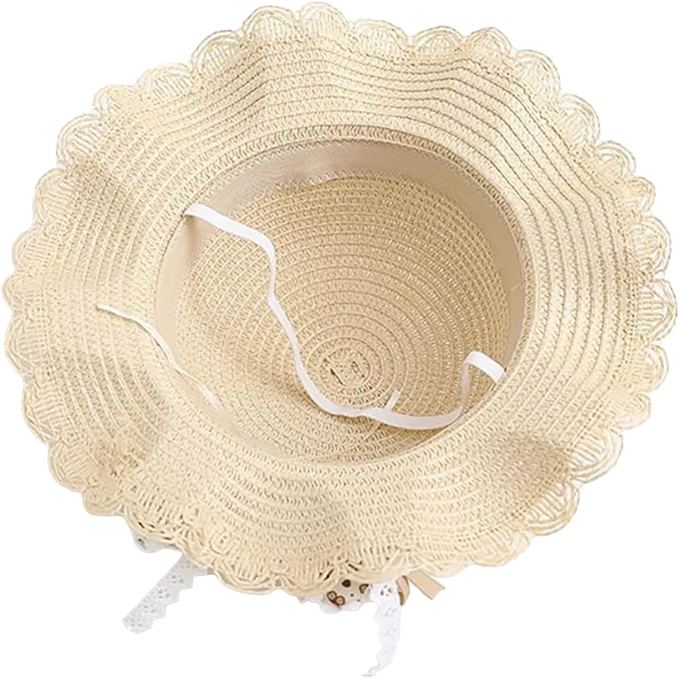 Girls Sweet Lace Bowknot Summer Sunblock Straw Hat with Crossbody Bag Wide Brim Outdoor Beach Sun Protection Bucket Hat
