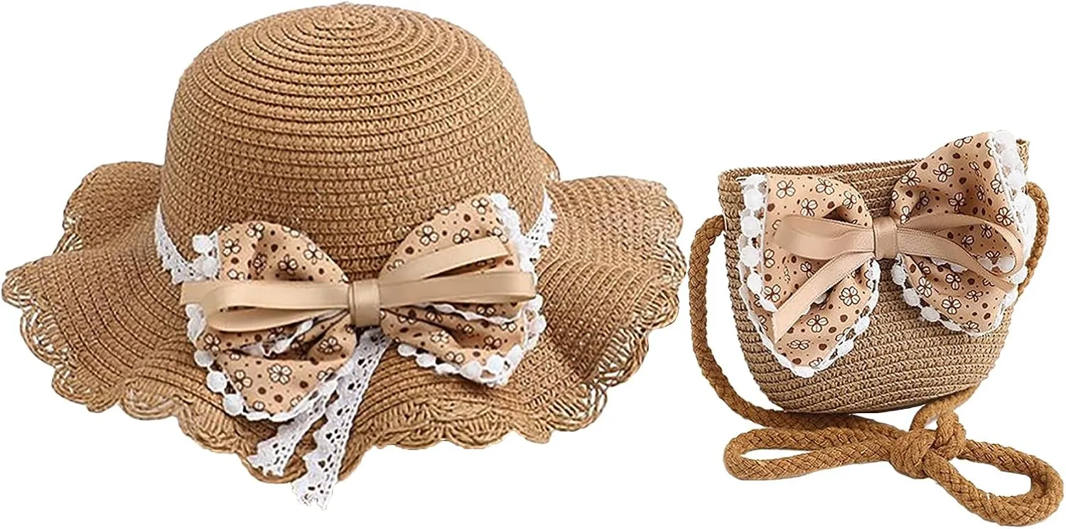 Girls Sweet Lace Bowknot Summer Sunblock Straw Hat with Crossbody Bag Wide Brim Outdoor Beach Sun Protection Bucket Hat