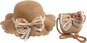 Girls Sweet Lace Bowknot Summer Sunblock Straw Hat with Crossbody Bag Wide Brim Outdoor Beach Sun Protection Bucket Hat