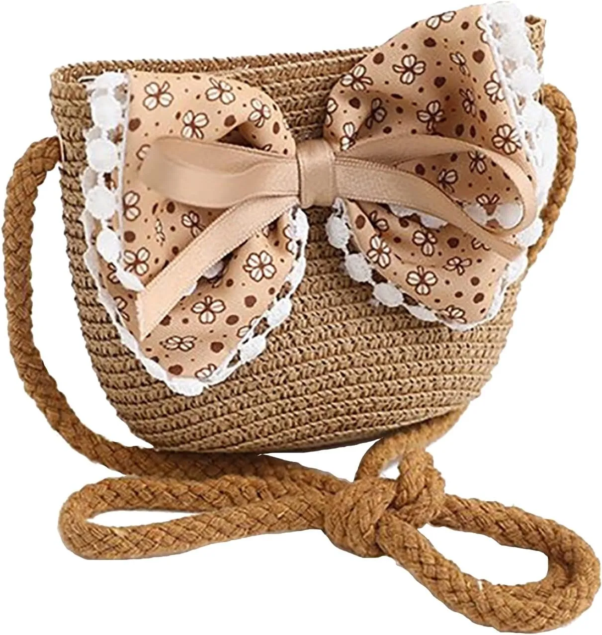 Girls Sweet Lace Bowknot Summer Sunblock Straw Hat with Crossbody Bag Wide Brim Outdoor Beach Sun Protection Bucket Hat