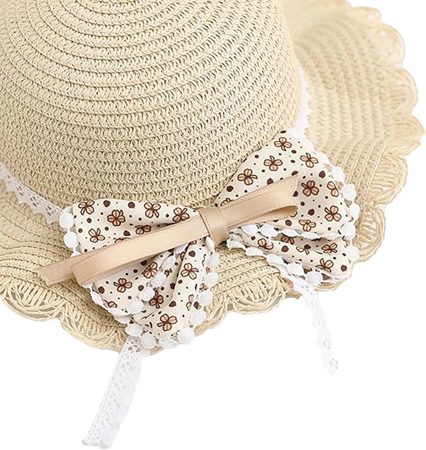 Girls Sweet Lace Bowknot Summer Sunblock Straw Hat with Crossbody Bag Wide Brim Outdoor Beach Sun Protection Bucket Hat