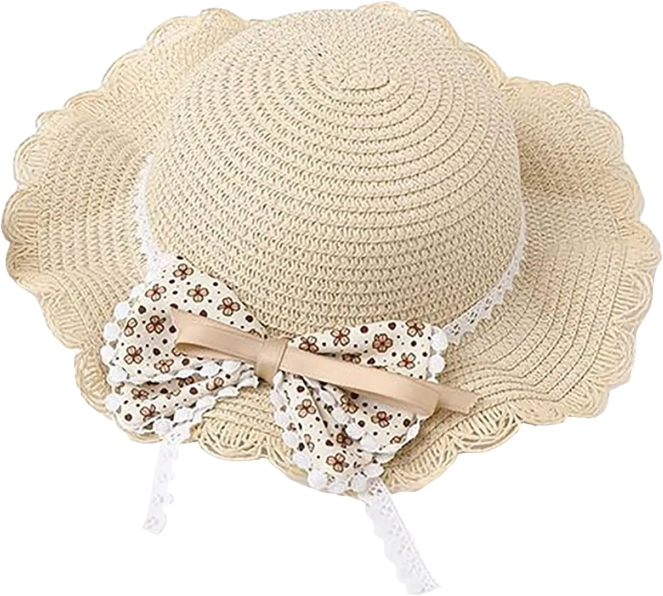 Girls Sweet Lace Bowknot Summer Sunblock Straw Hat with Crossbody Bag Wide Brim Outdoor Beach Sun Protection Bucket Hat