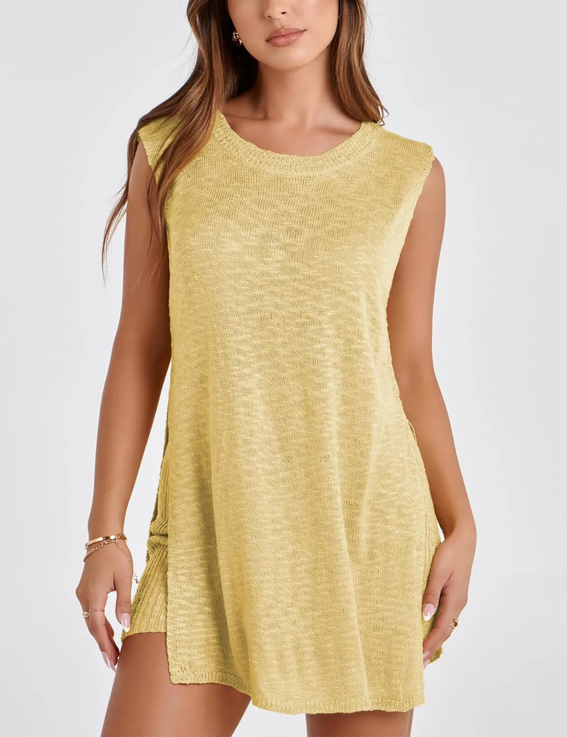 Gozoloma Women Summer Knit Set Sleeveless Tunic Top Shorts 2 Piece Outfits Casual Sweater Beach Vacation Set