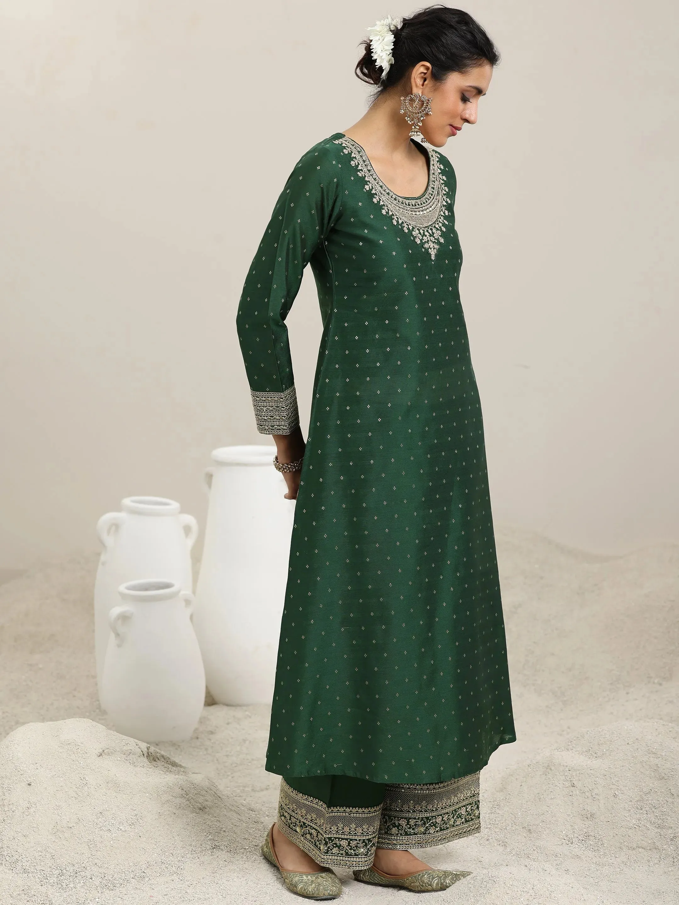 Green Woven Design Chanderi Silk A-Line Kurta With Palazzos & Dupatta