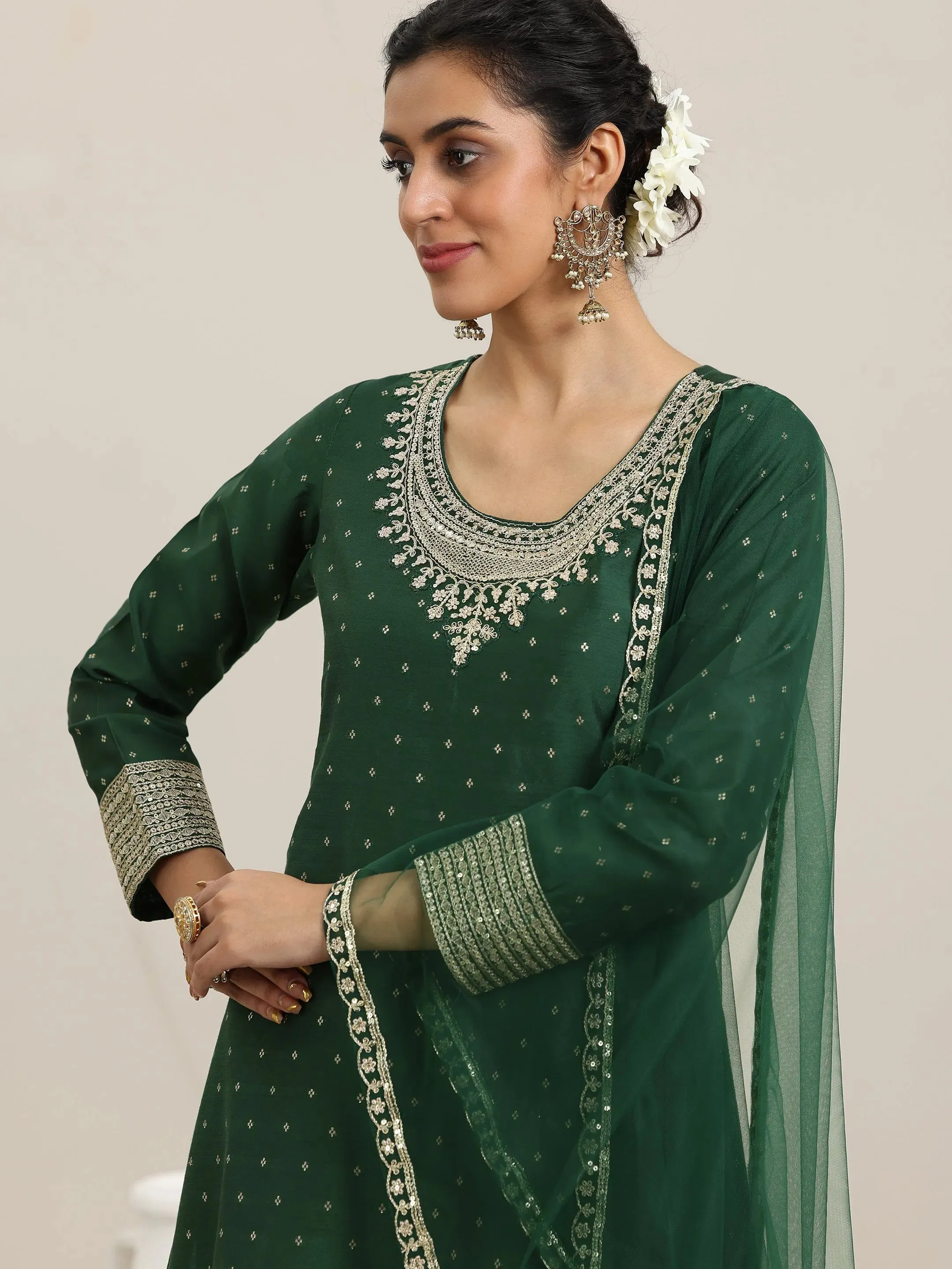 Green Woven Design Chanderi Silk A-Line Kurta With Palazzos & Dupatta