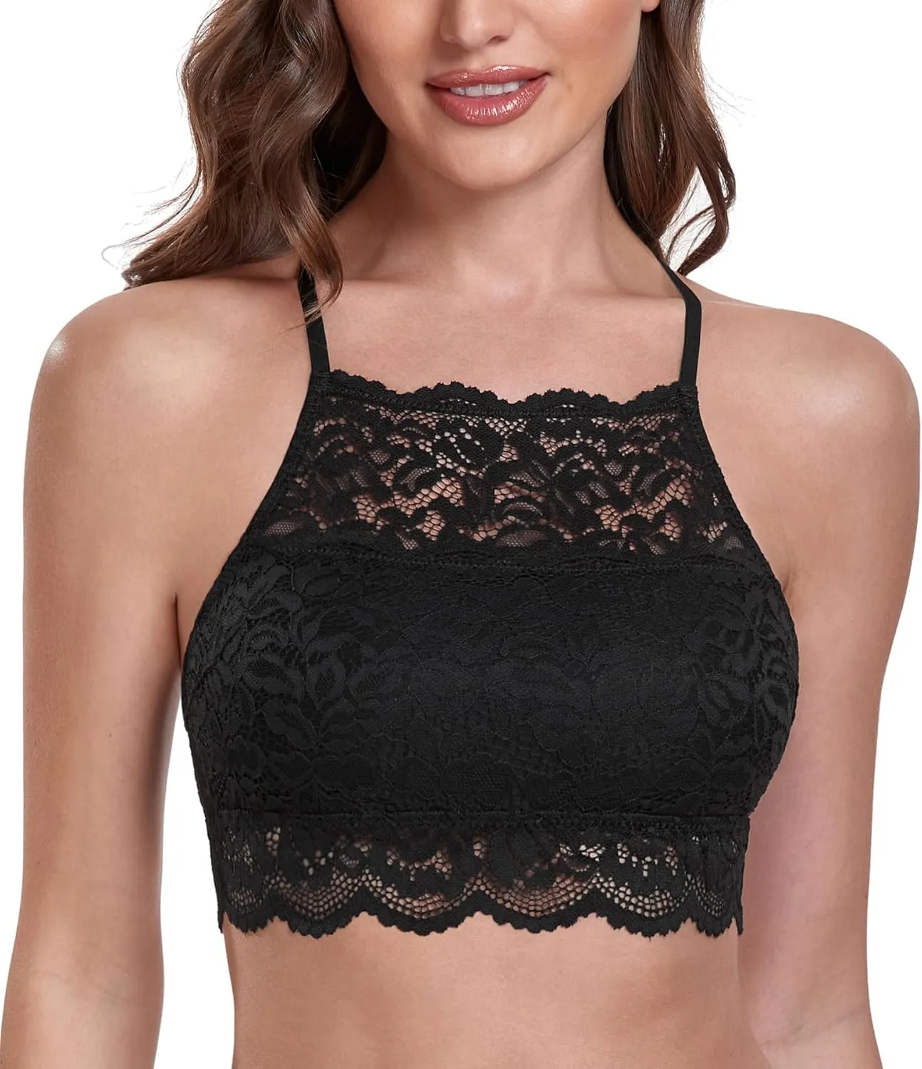 HACI Hi-Neck Floral Lace Bralette for Women Breathable Unpadded Wireless Bra