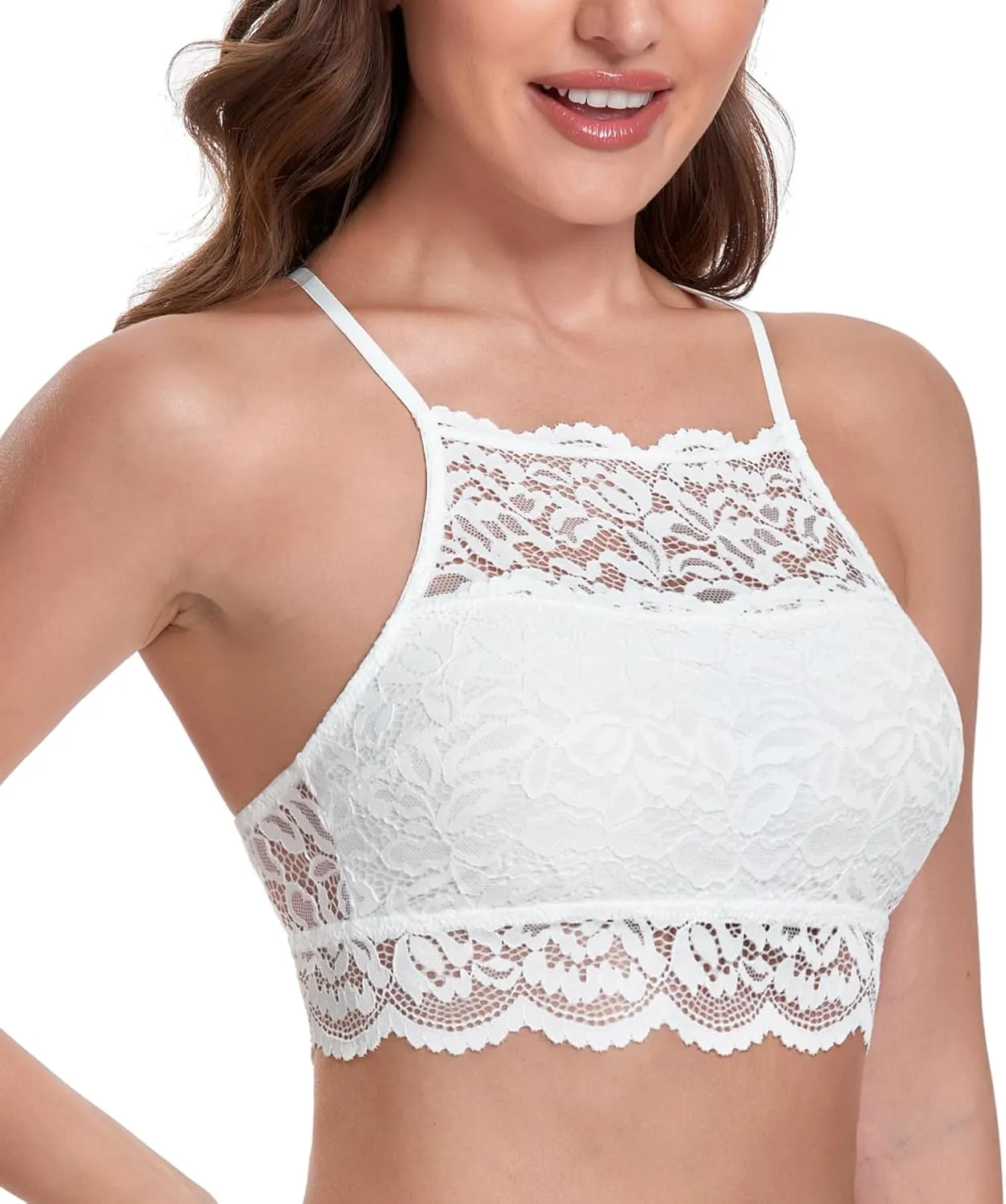 HACI Hi-Neck Floral Lace Bralette for Women Breathable Unpadded Wireless Bra