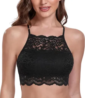 HACI Hi-Neck Floral Lace Bralette for Women Breathable Unpadded Wireless Bra