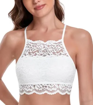 HACI Hi-Neck Floral Lace Bralette for Women Breathable Unpadded Wireless Bra